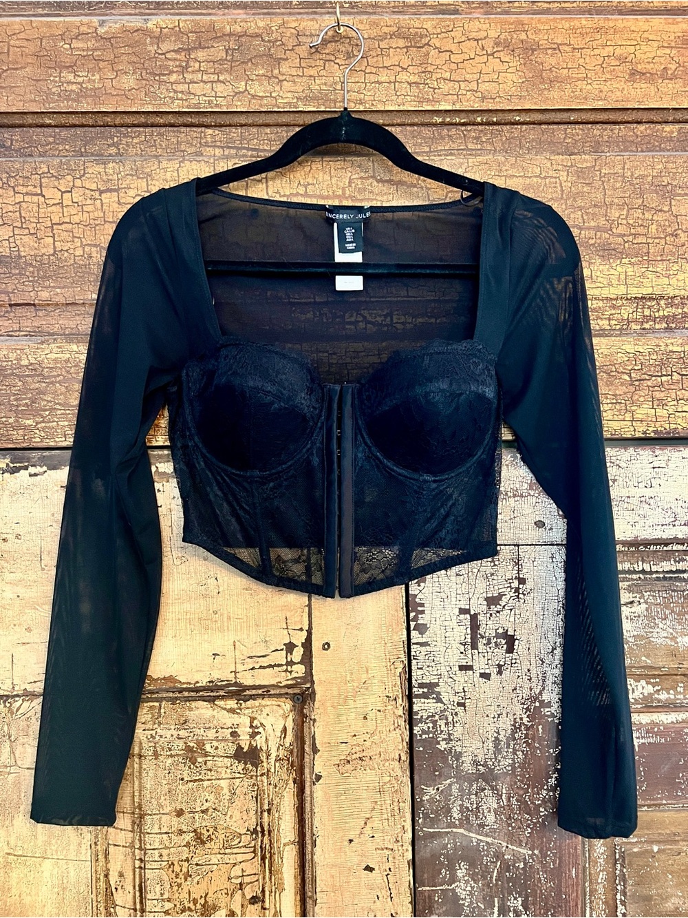 NWOT Sincerly Jules Black Lace Bustier Crop Top with Sheer Long Sleeves